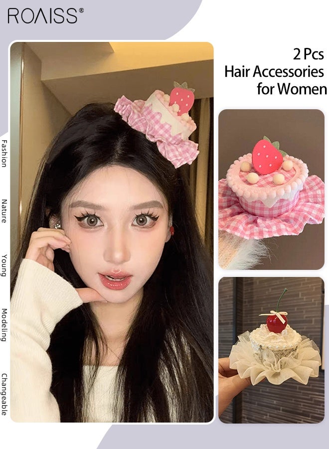 roaiss 2 Pcs Stylish Cake-themed Hair Clips, Pink Strawberry Cake Hair Clip and Cherry Cake Lace Hair Clip, Perfect for Birthday Parties and Photoshoots - Image 1